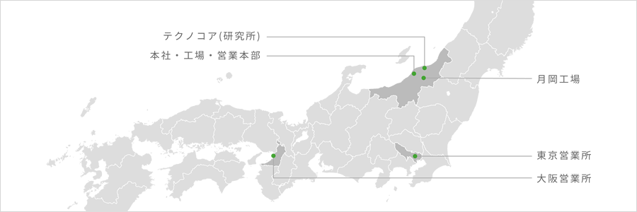 本社・工場・営業本部　テクノコア（研究所）　月岡工場　東京営業所　大阪営業所